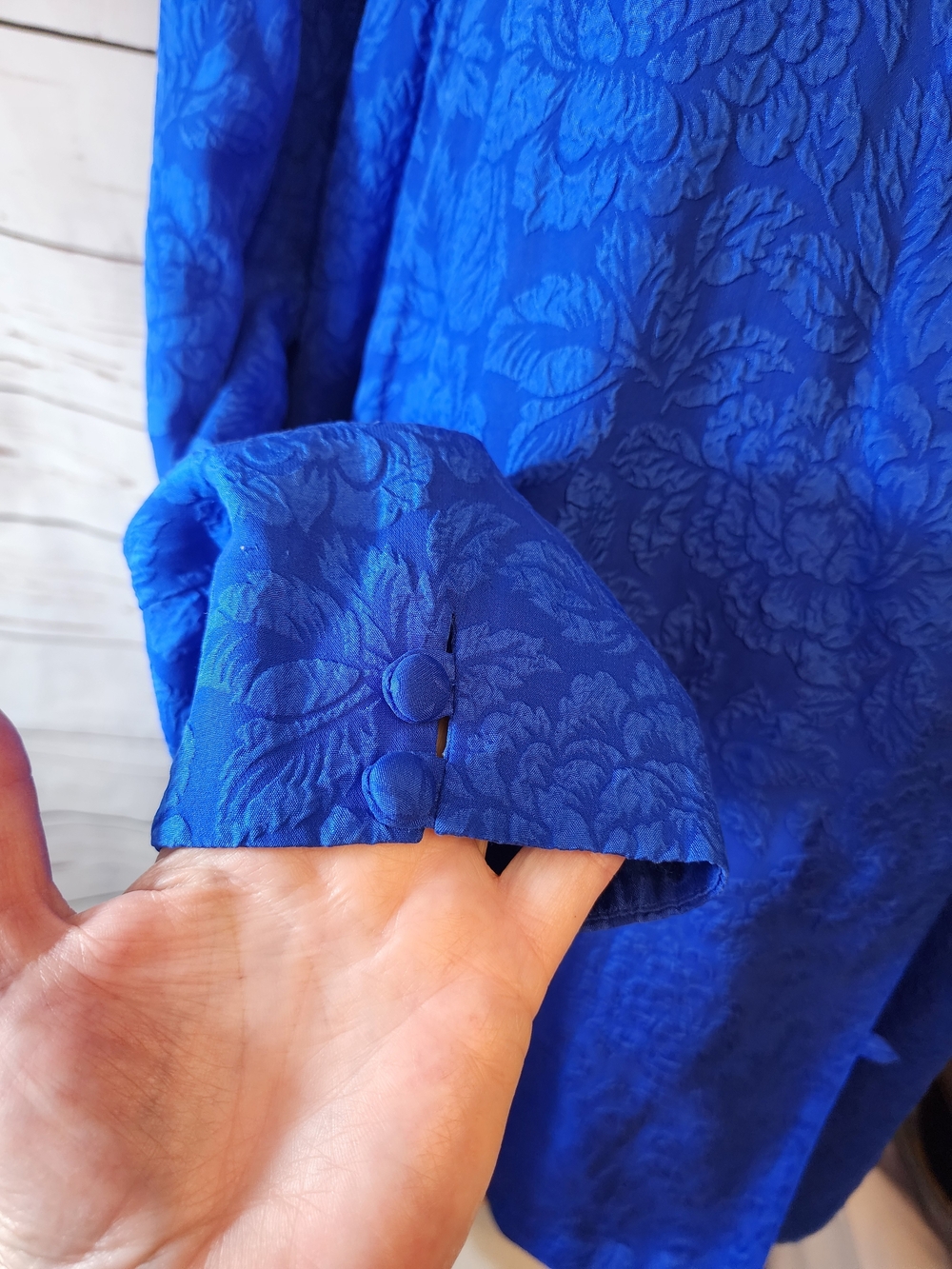 Royal Blue Textured Silk Mandarin Collar Blouse Frog Closure - Picture 3 of 8